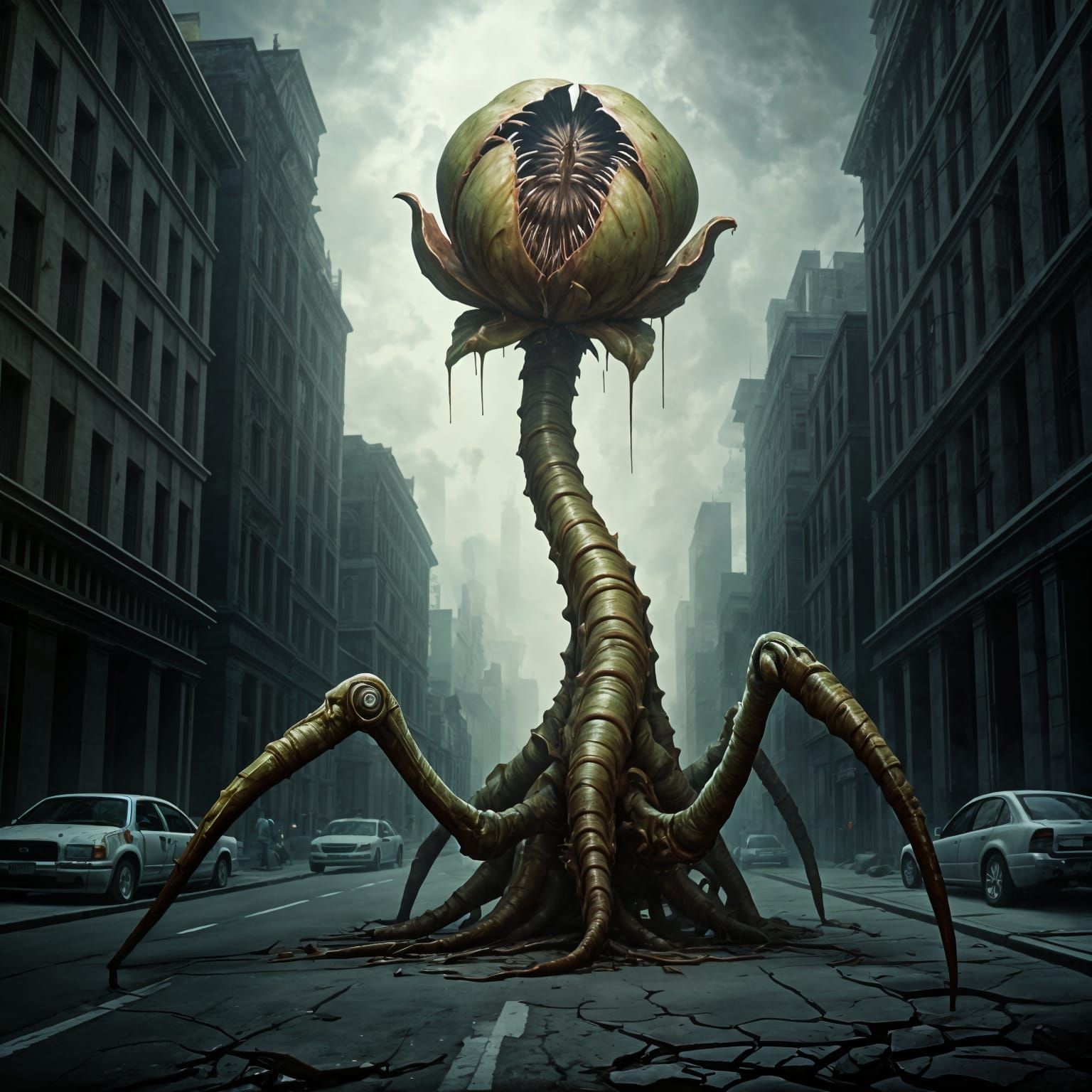 Triffid Dominates Abandoned City in Expressionist Style