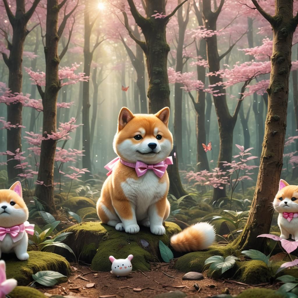 Whimsical Shiba Inu with Kitty Ears in Forest