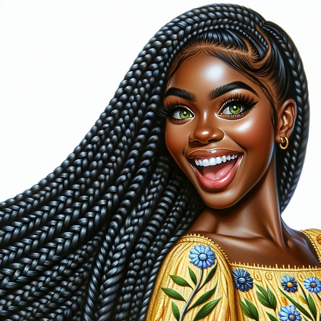 A young woman with braided black hair excited
