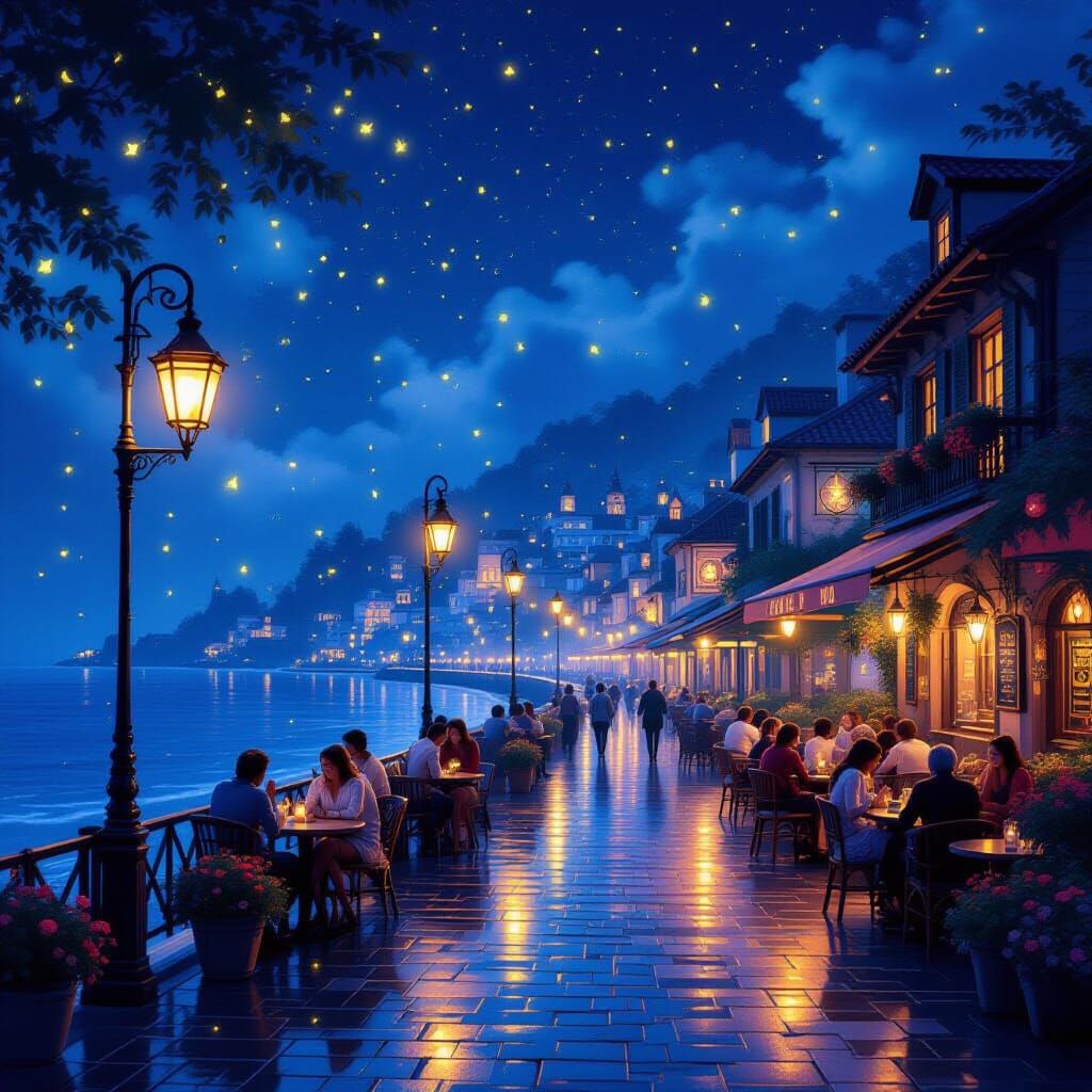 Magical Seaside Boulevard at Night with Lanterns and Firefli...