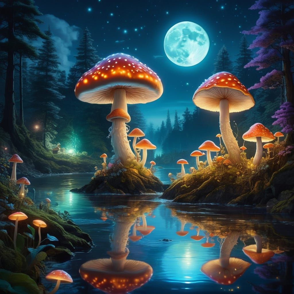 Giant Luminous Moon Mushrooms with Sprite Companions