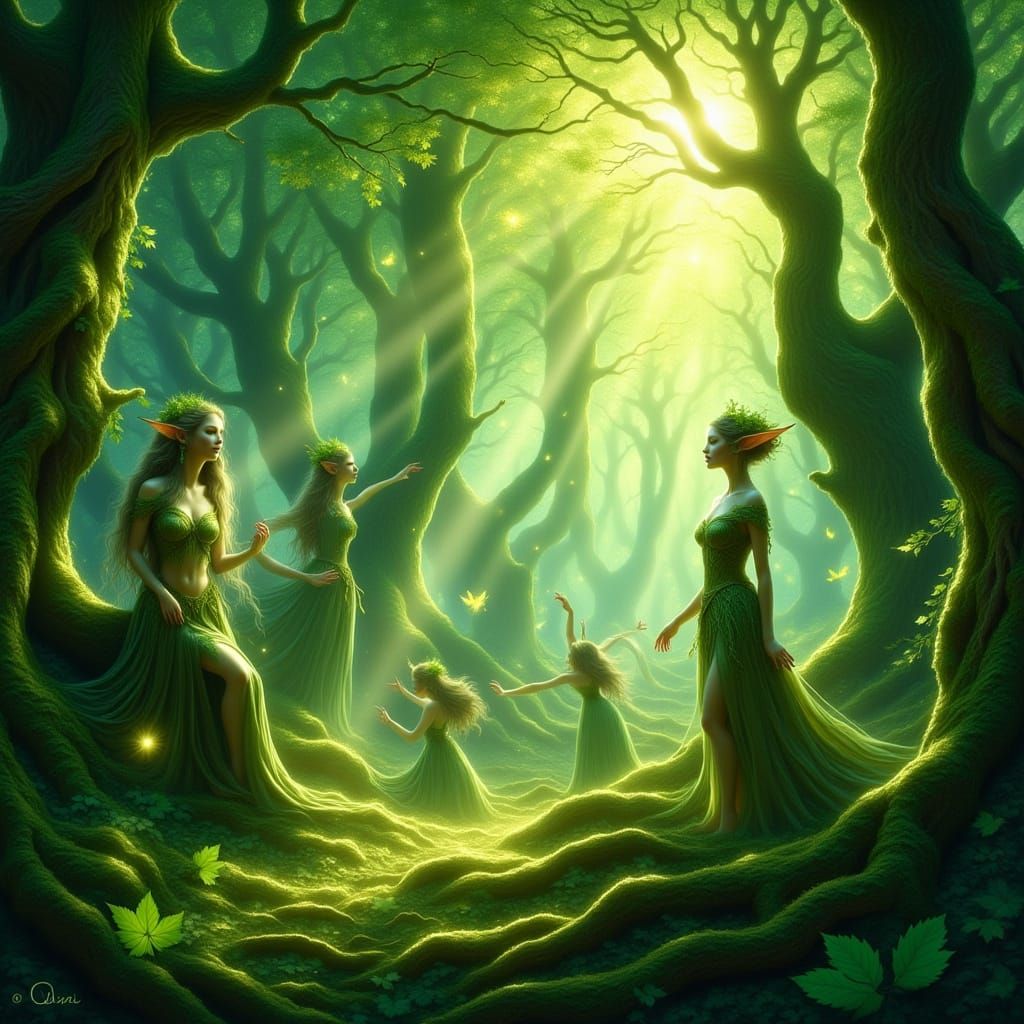 Magical Forest with Elves and Creatures in High-Fantasy Styl...