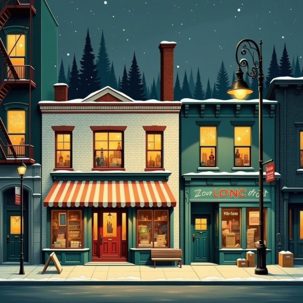 Surreal Cityscape at Dusk with Cozy Food Shop and Whimsical ...