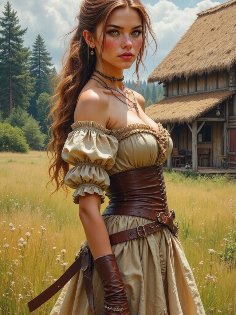 Medieval Fantasy Woman in a Thatched Farmhouse Setting