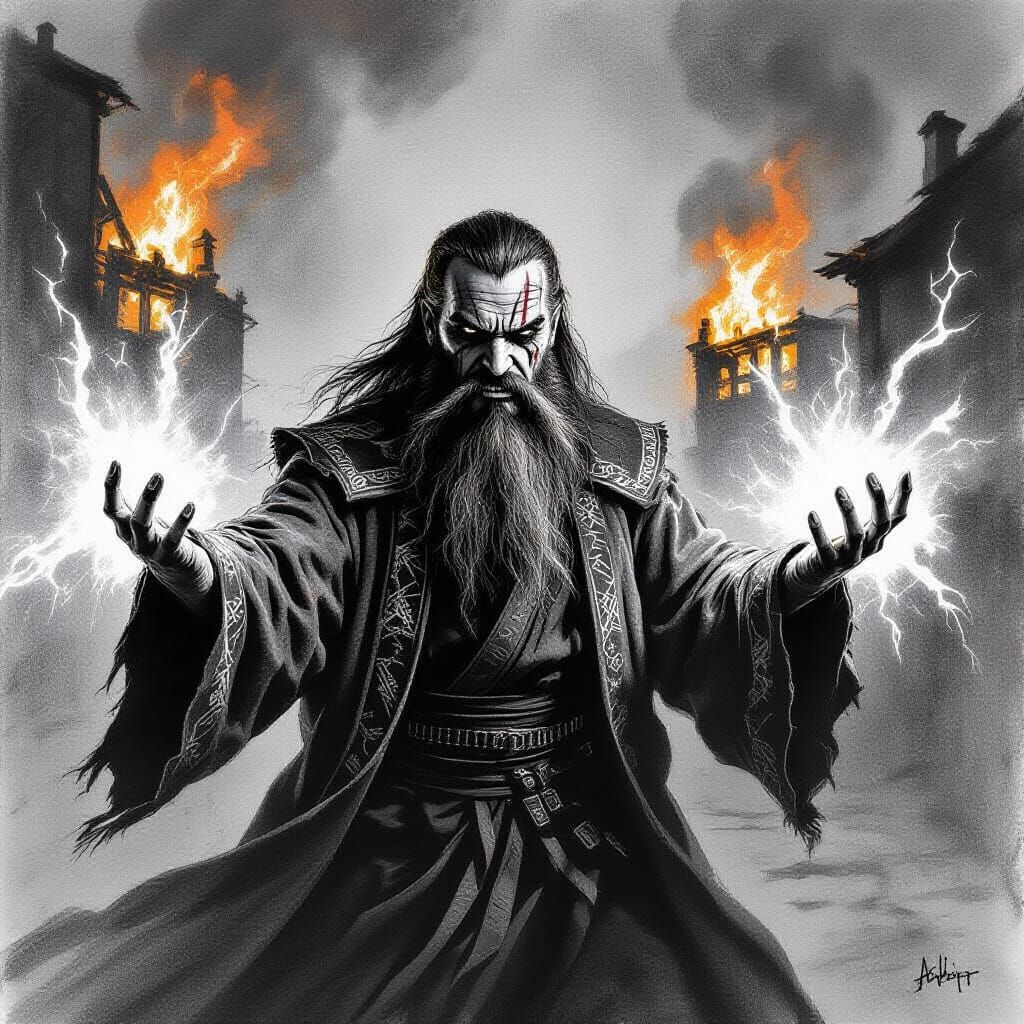 Charcoal Wizard in Dramatic Shadows with Energy Blast