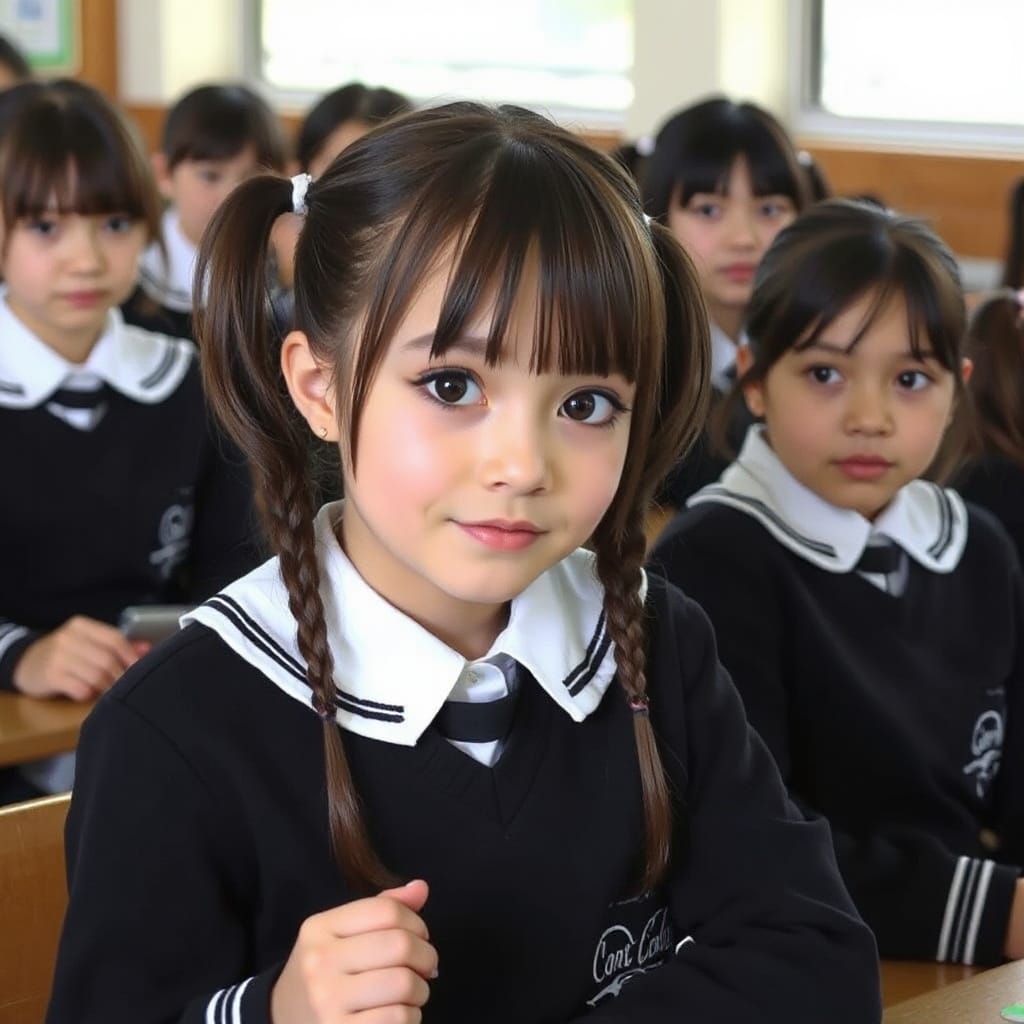 School Girls in Uniforms with Hair Bangs