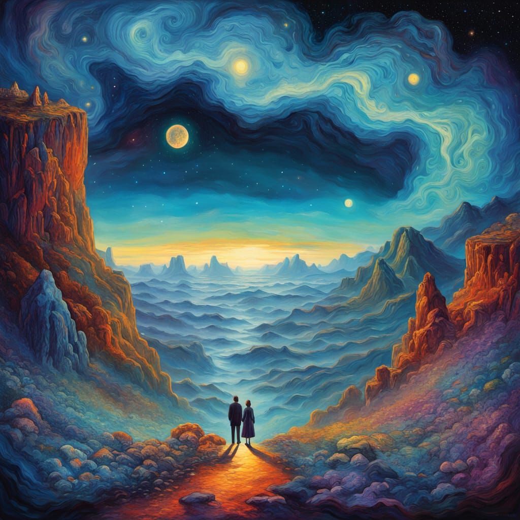 Mythic Figures Under Starlit Sky: Surrealist Mixed Media