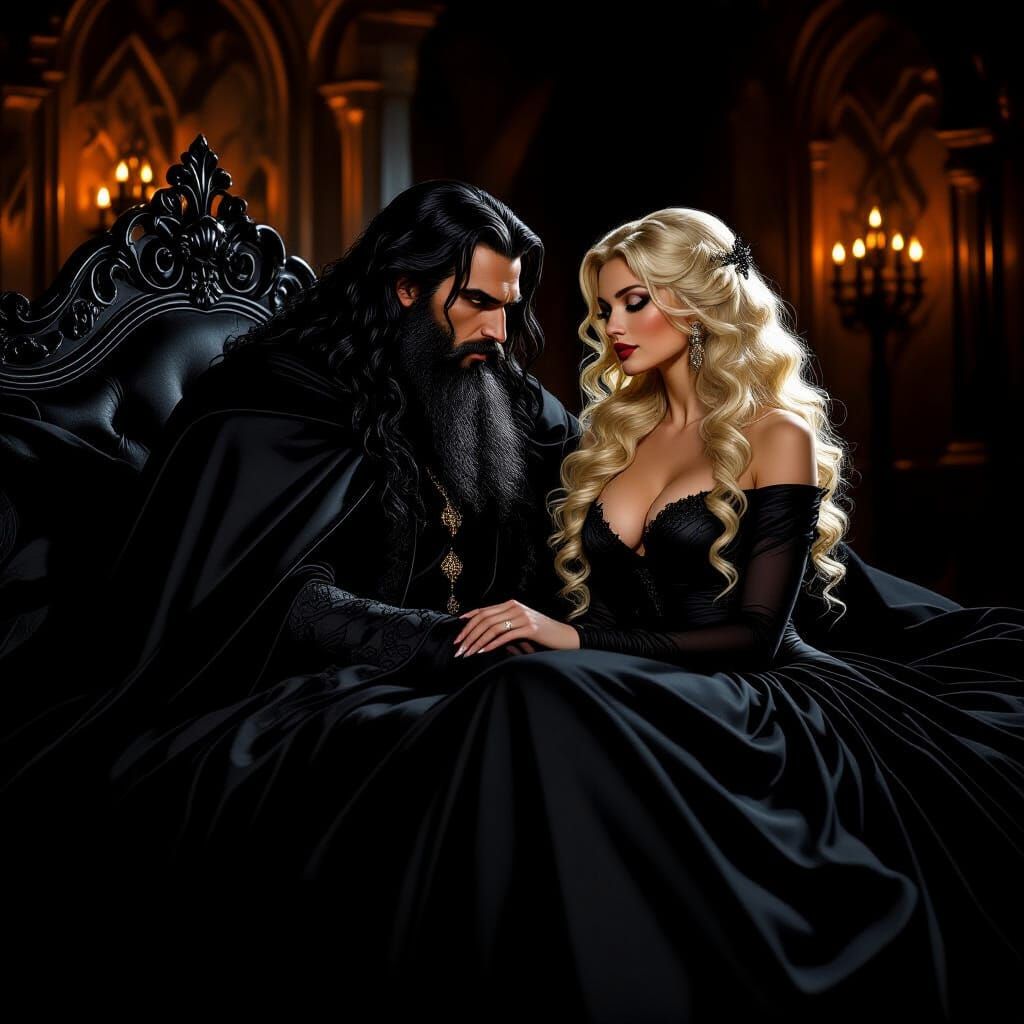 Dark Sorcerer and Woman in Shadowy Castle