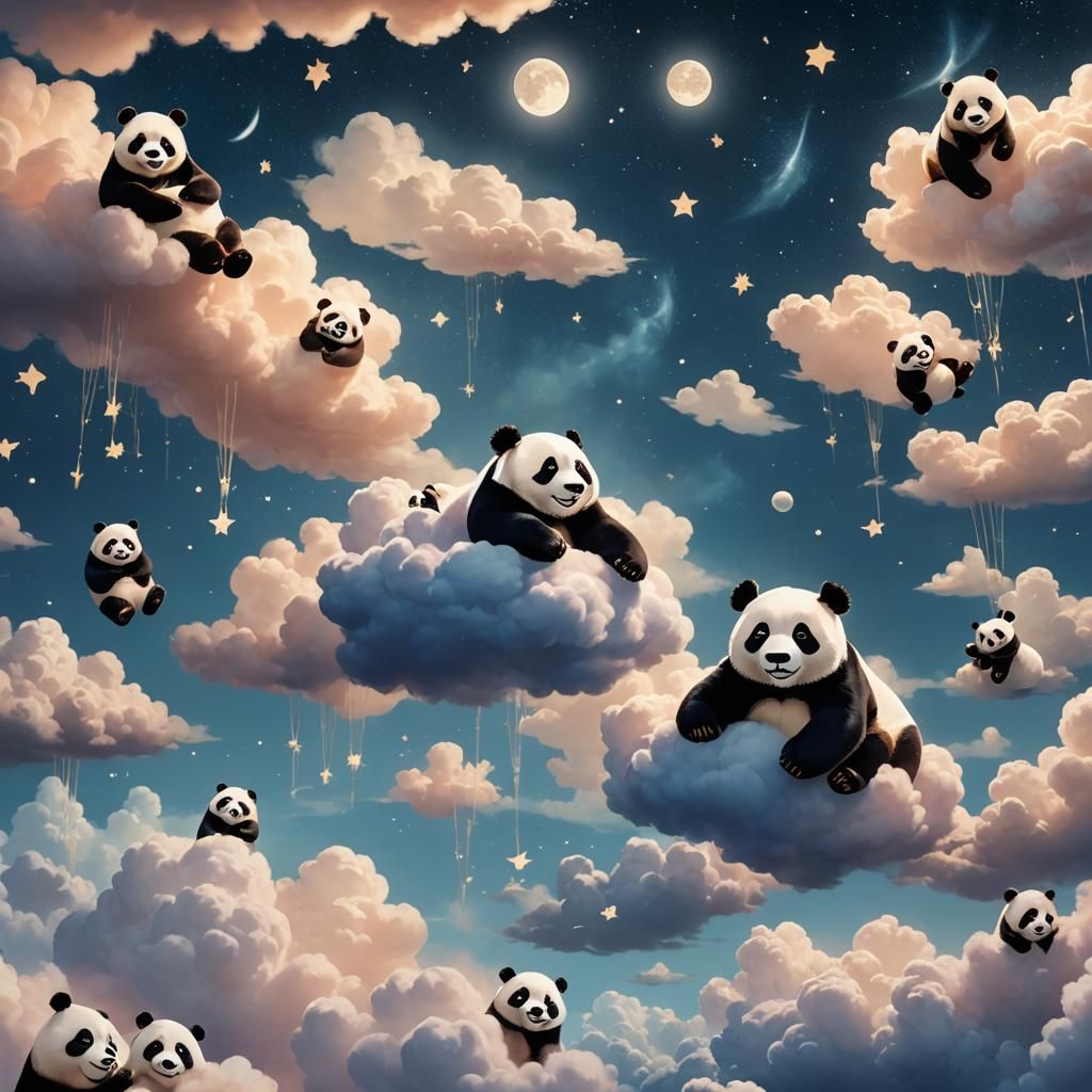 Dreamy Pandas Floating in Starry Sky