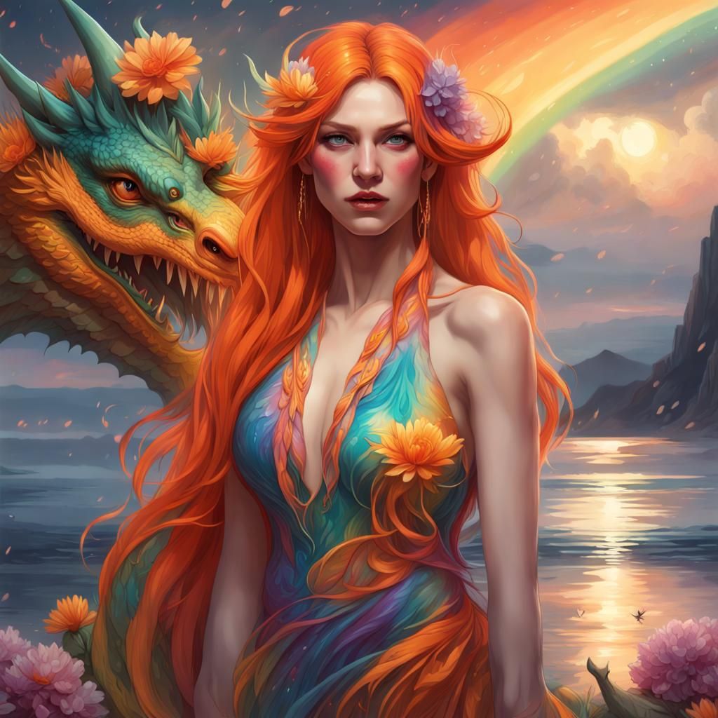 Woman with Dragon on Beach, Art Nouveau Style