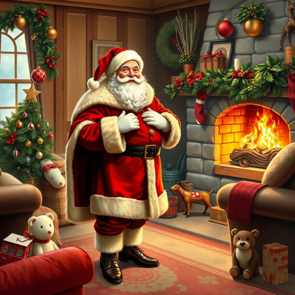 Traditional Santa Claus in a Cozy 1950s-Inspired Holiday Sce...