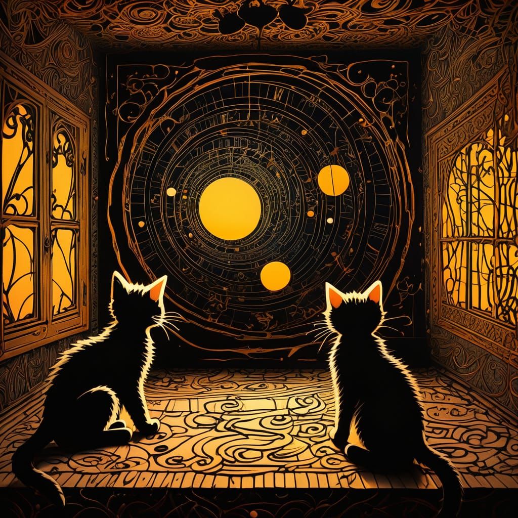 Whimsical Kittens Playing in a Burtonesque Room