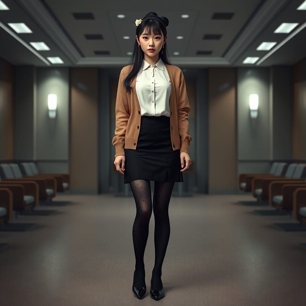 Confident Female Agent in Briefing Room with Polished Ensemb...