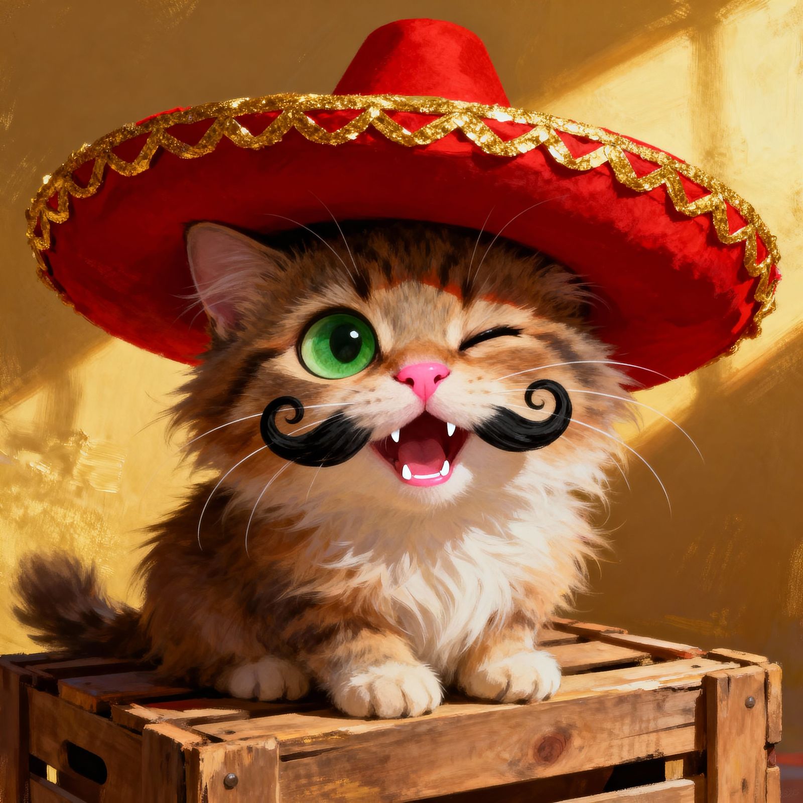 Hyper-Realistic Mexican Cat with Curly Moustache and Sombrer...