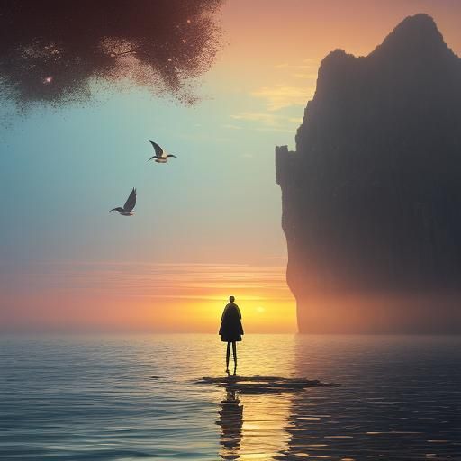 Ethereal Sunset Viewed from Breakwater in Impressionist Styl...