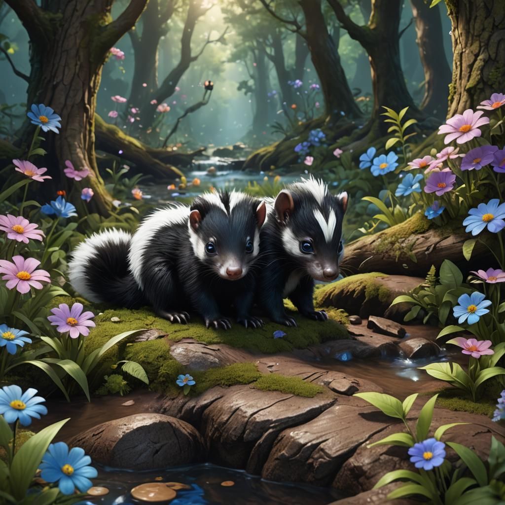 Baby Skunk with Blue Eyes in Forest, Digital Art