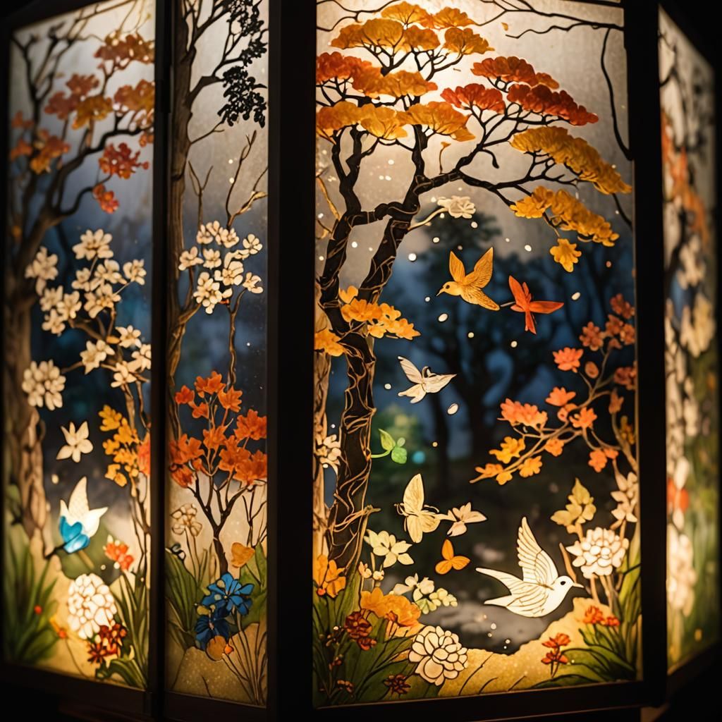 Four Seasons on Translucent Japanese Lantern