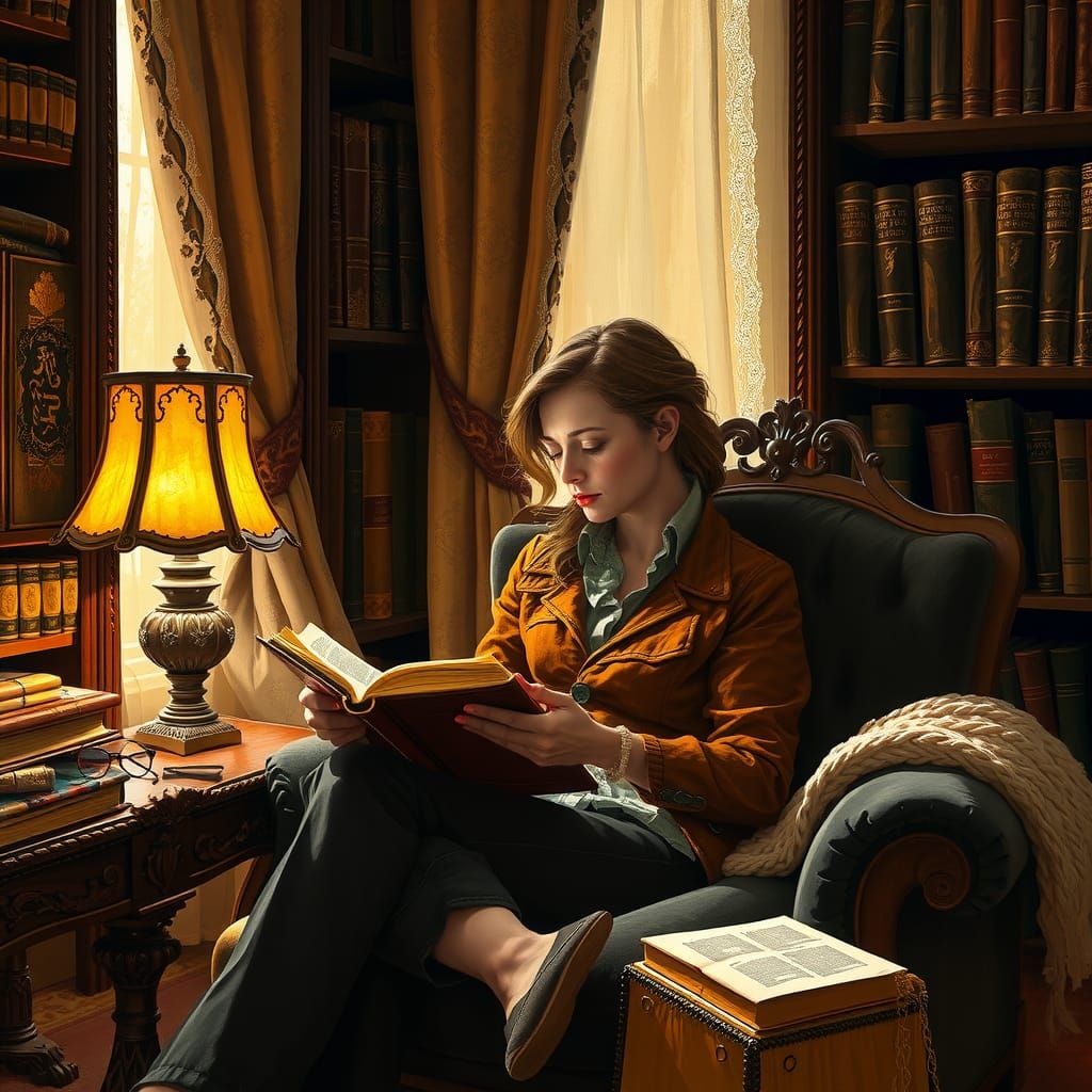 Contemplative Woman Reading in Cozy Vintage Library