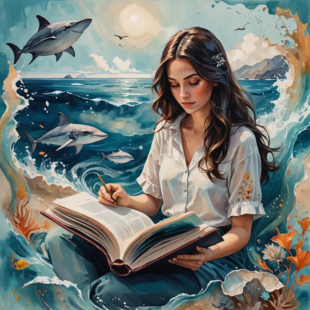 Girl Reading Book with Stingrays: Abstract Art