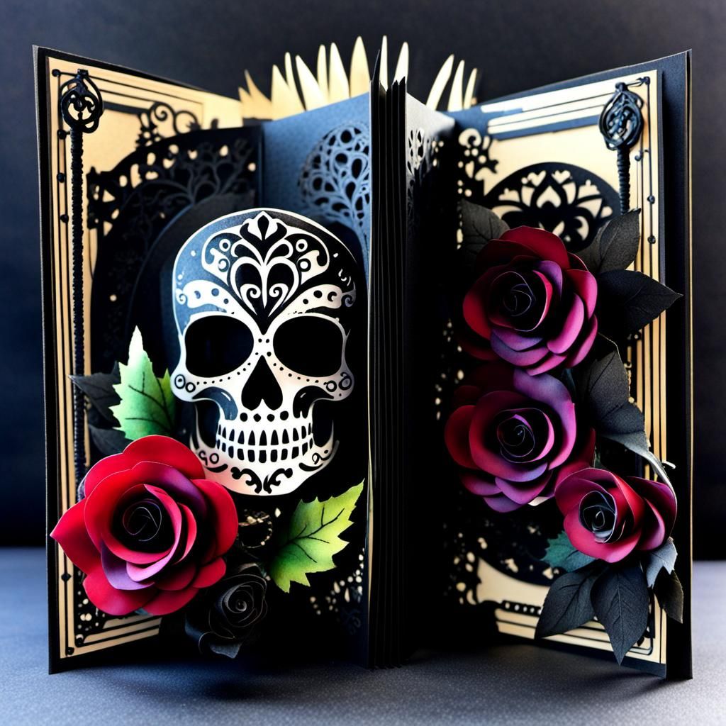 pop up book of  my goth soul, sugar skull pop up book,  black roses, bone fairy (alcohol inks style)