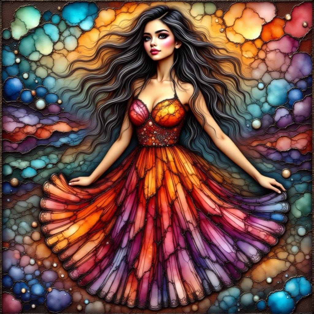 a beautiful woman wearing a  colorful dress.