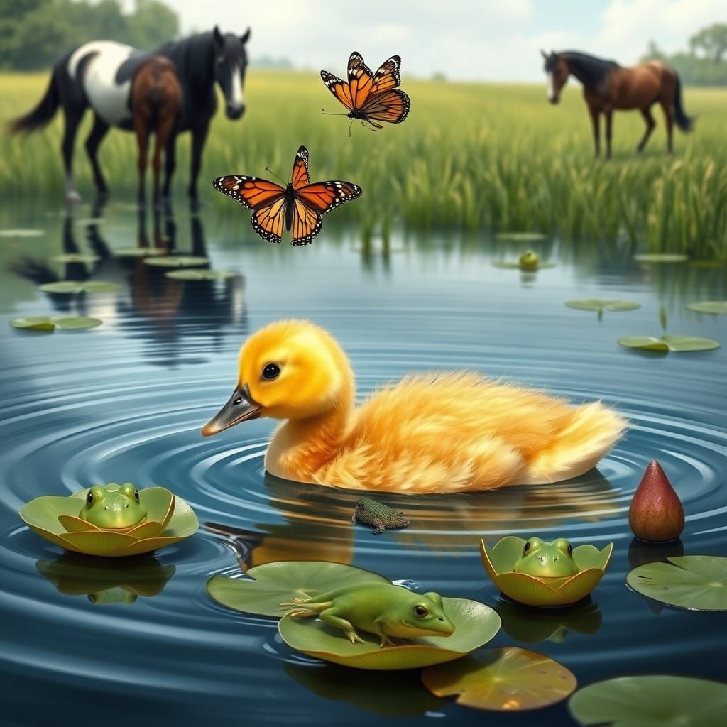 Baby Duckling and Mother in Pond, Audubon Style