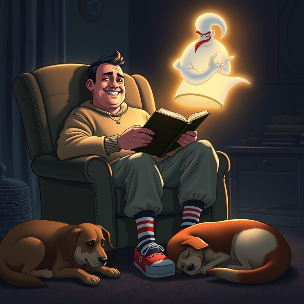 Contented Man Reading with Genie in Pixar Style