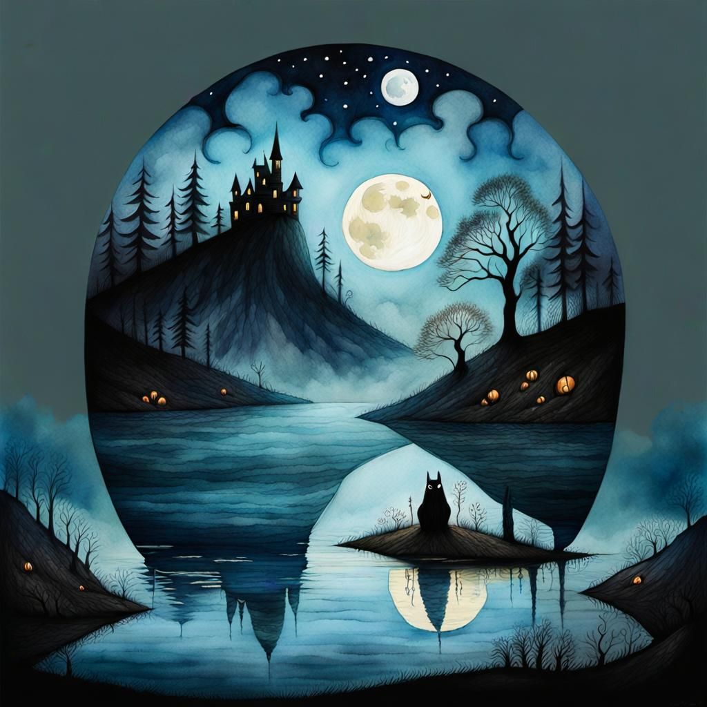 Spooky Hand Rising from Lake, Watercolor Painting