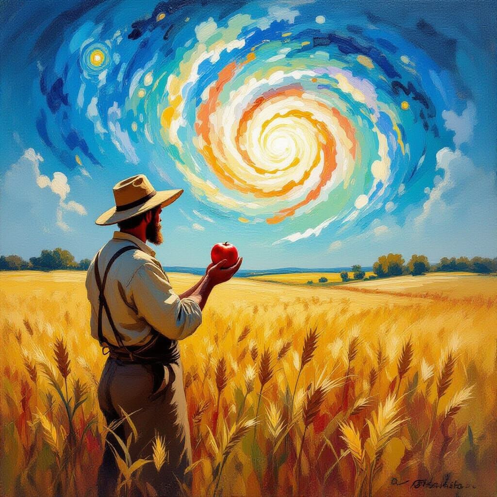 Farmer with Apple and Galaxy Portal Oil Painting