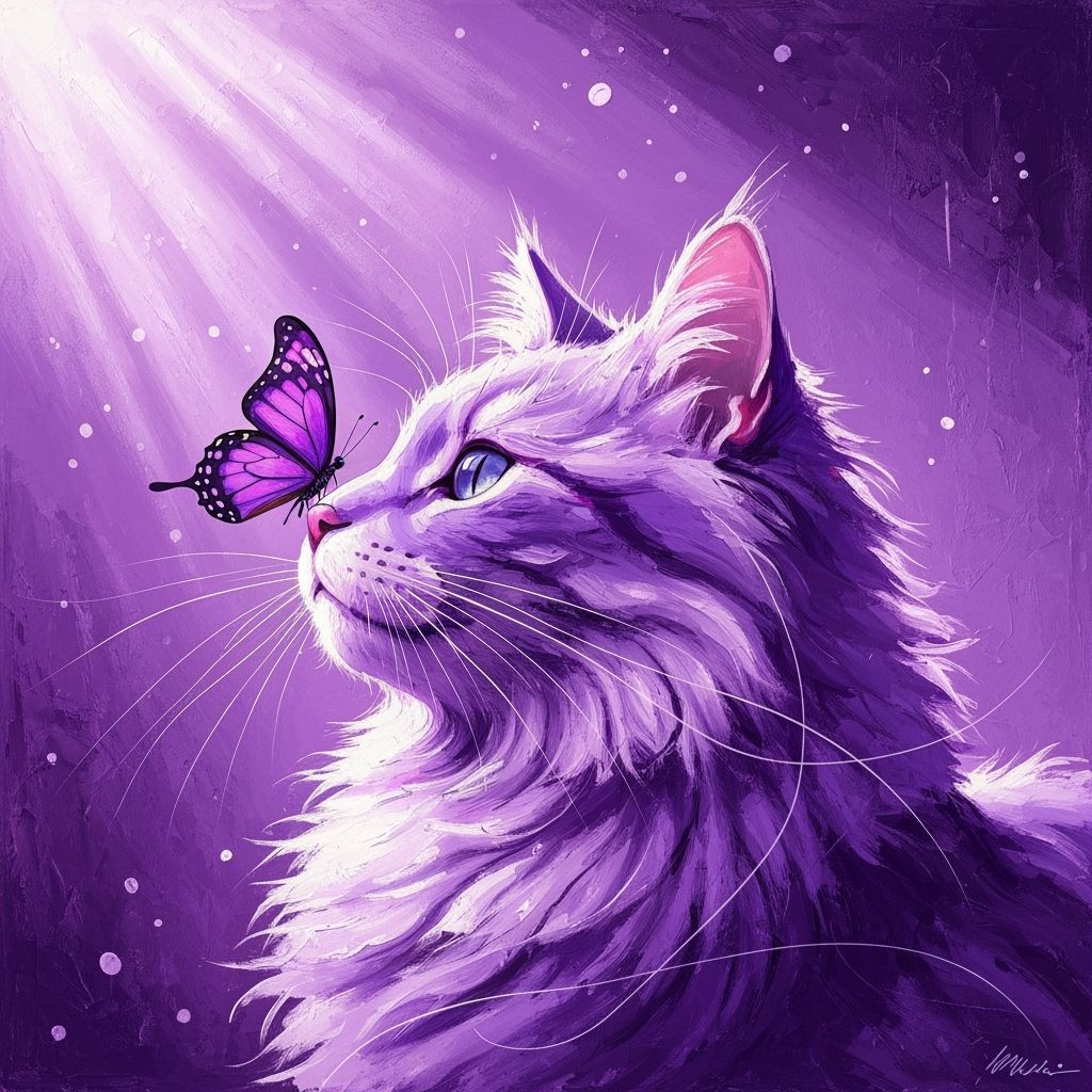 Fluffy Purple Cat with Butterfly in Purple Sunlight