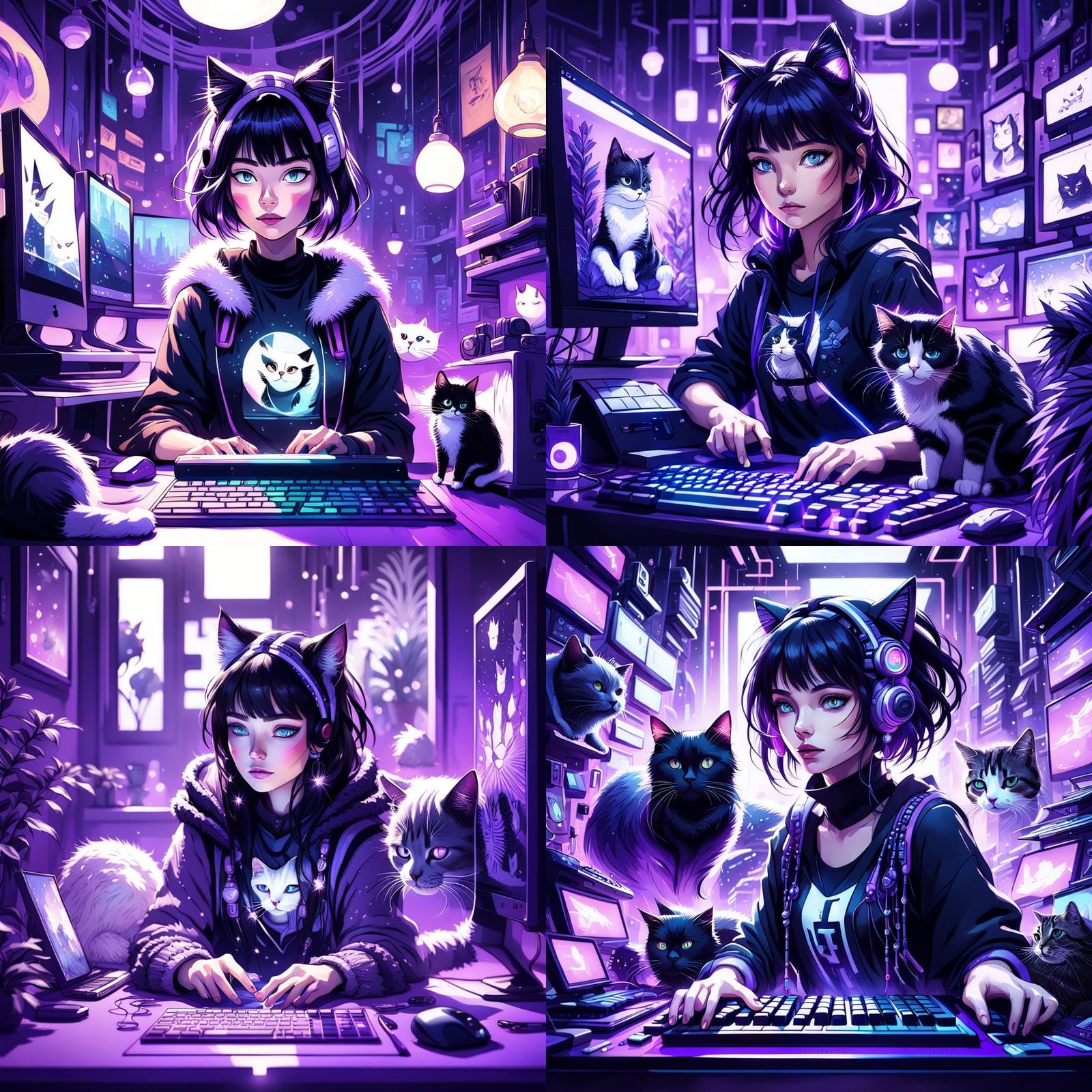 Girl Gaming with Cat in Cozy Purple Room