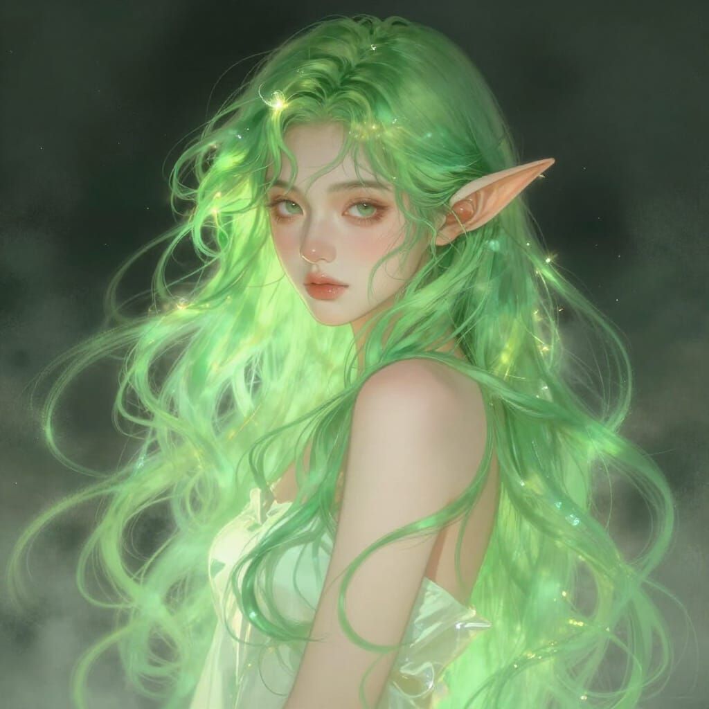 Ethereal Nymph with Green Hair in Dreamlike Digital Painting