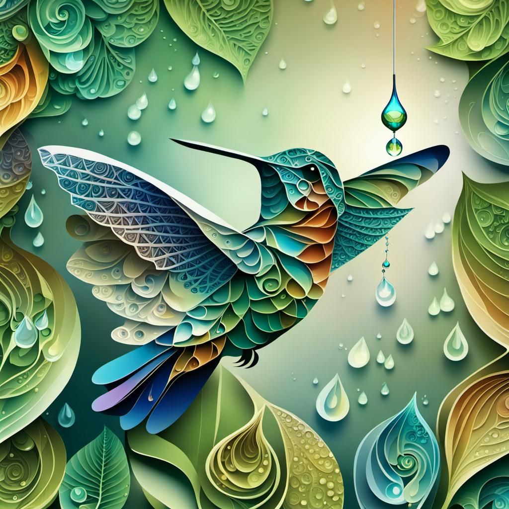 Hummingbird Sipping Dewdrop: Paper Collage Zentangle Art