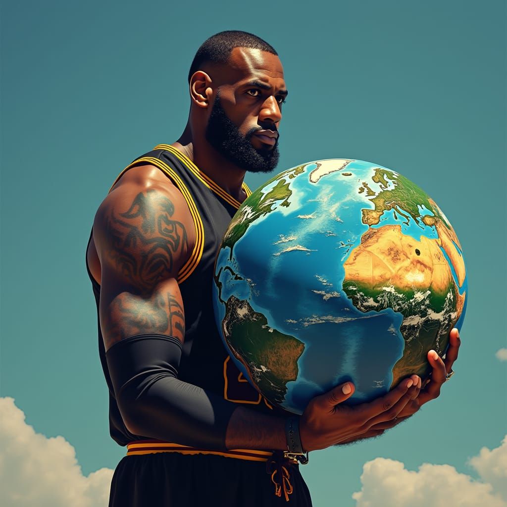 Lebron James Cradles the Earth in a Vibrant, Surreal Scene