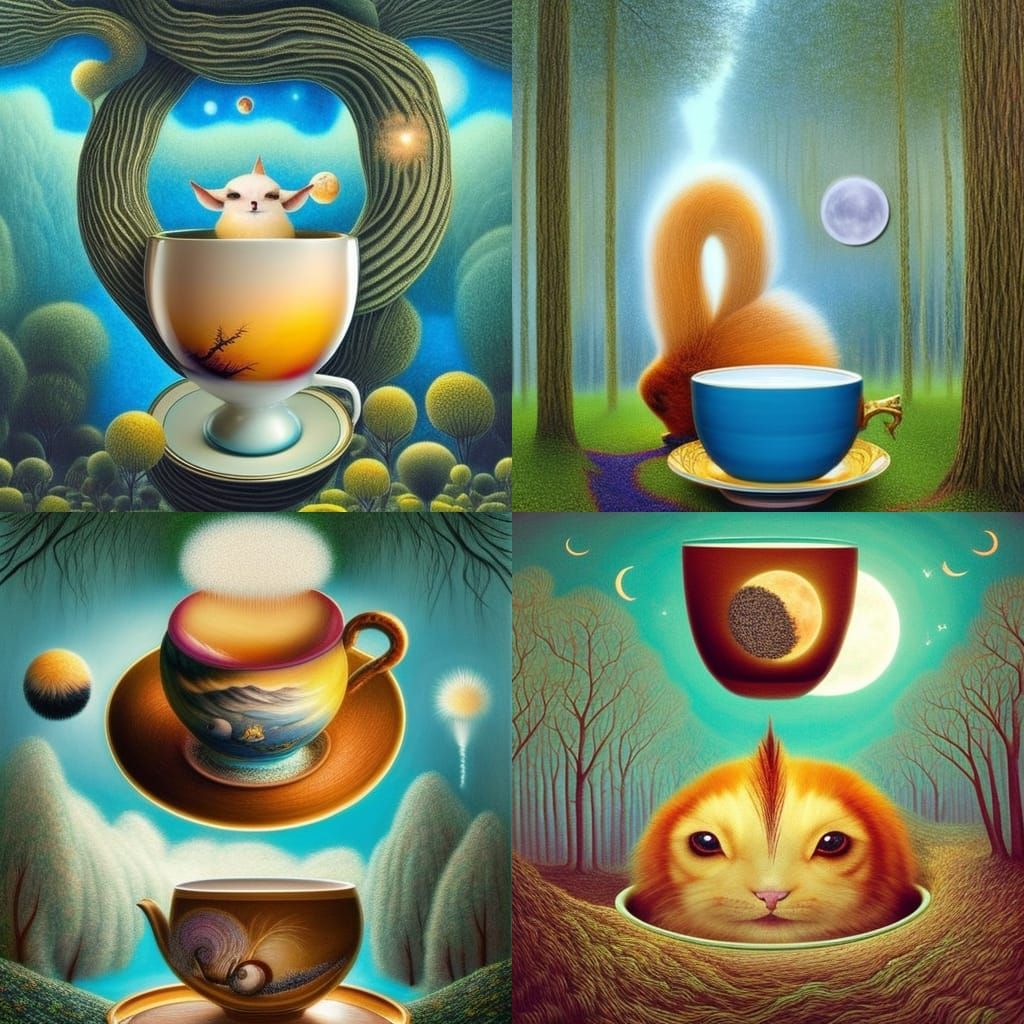 Animals in Surreal Teacups: Fairytale Forest Scene