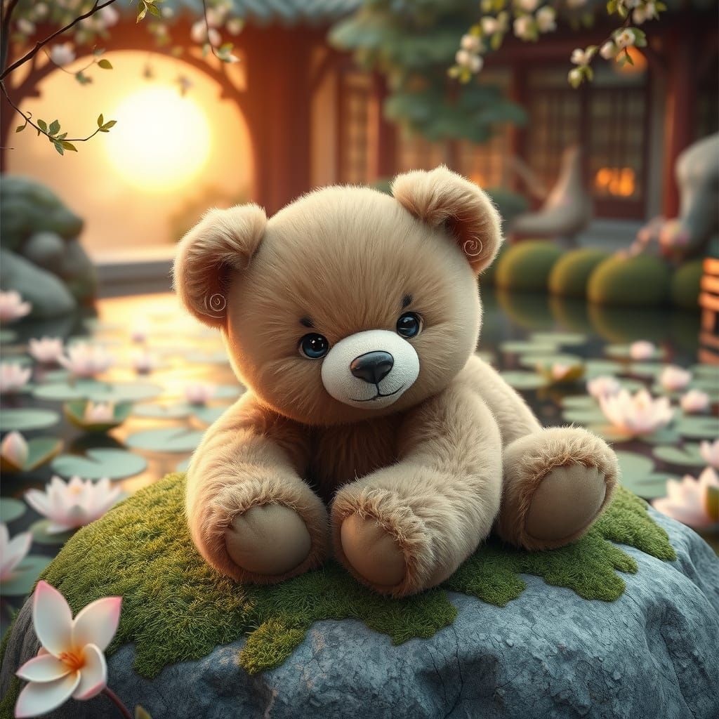 Whimsical Teddy Bear in Dreamy Oriental Garden