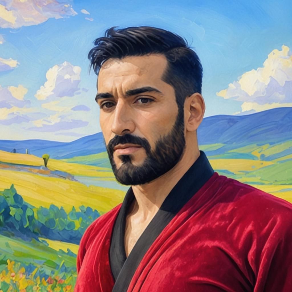 Handsome Man in Red Velvet Robe: Hyperdetailed Portrait