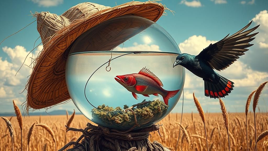 Surreal Scarecrow with Anglerfish Lure, Sunny Day