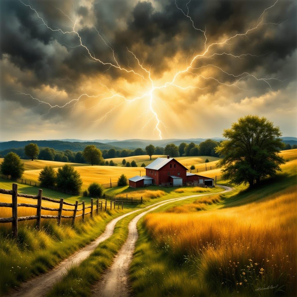 Idyllic Farm Landscape with Lightning, in Rockwell Style