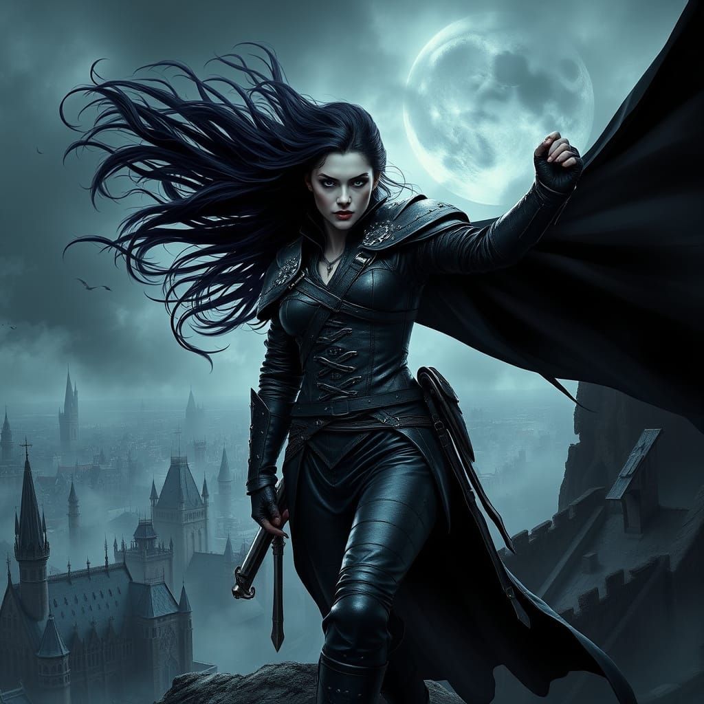 Ethereal Vampire Warrior Dominates Gothic Cityscape