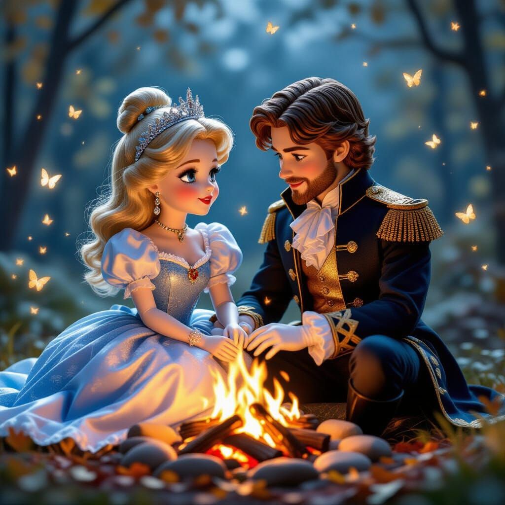 Cinderella and Prince Charming Stargazing by Bonfire