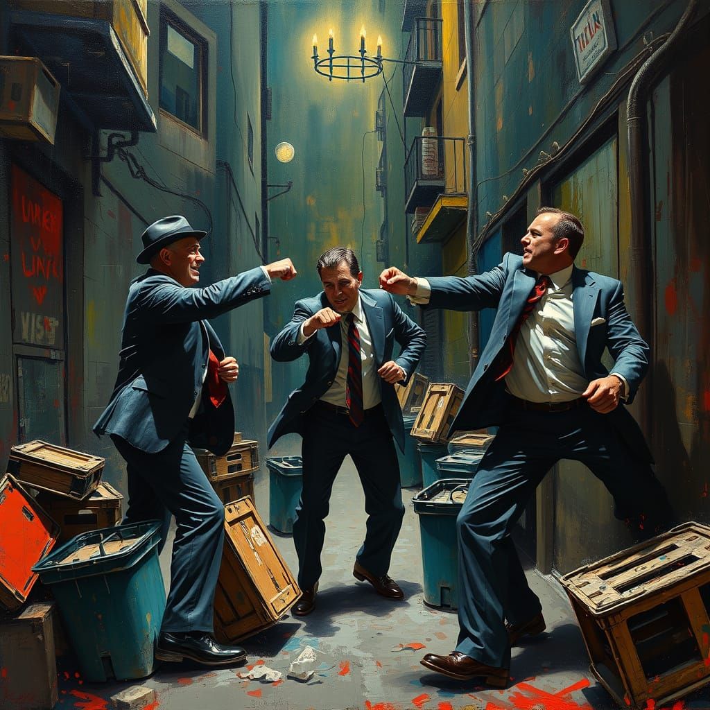 Gang Fight in Alley as Frenetic Oil Painting
