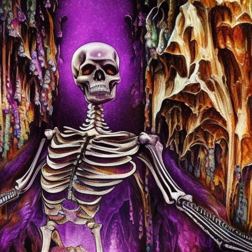Skeleton in Glittering Gem Cave: Neo-Impressionist Fantasy