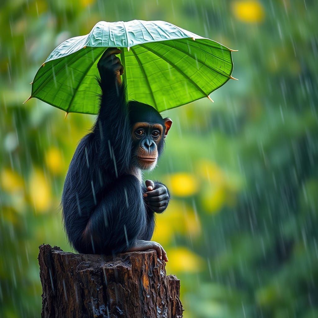 Chimpanzee Uses Leaf as Umbrella in Heavy Rain