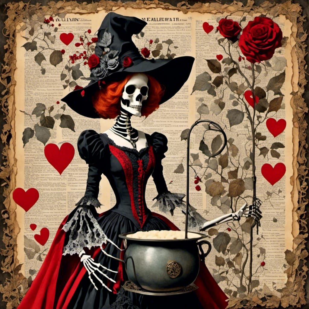 Gothic Valentine Witch Skeleton Collage
