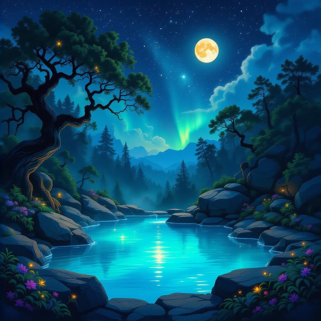 Bioluminescent Hot Springs in Gouache and Watercolor Style