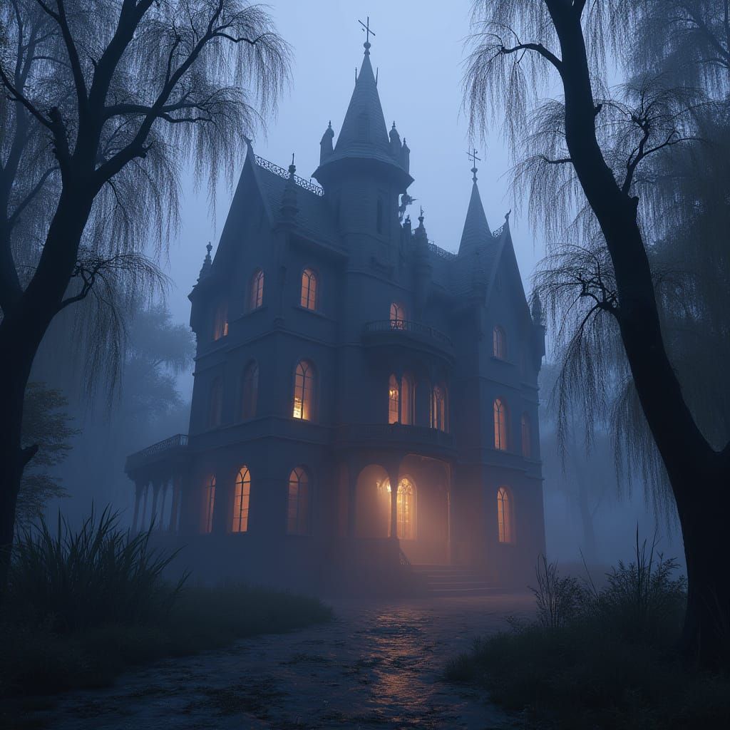 Fog-Shrouded Gothic Mansion in Dark Fantasy Style