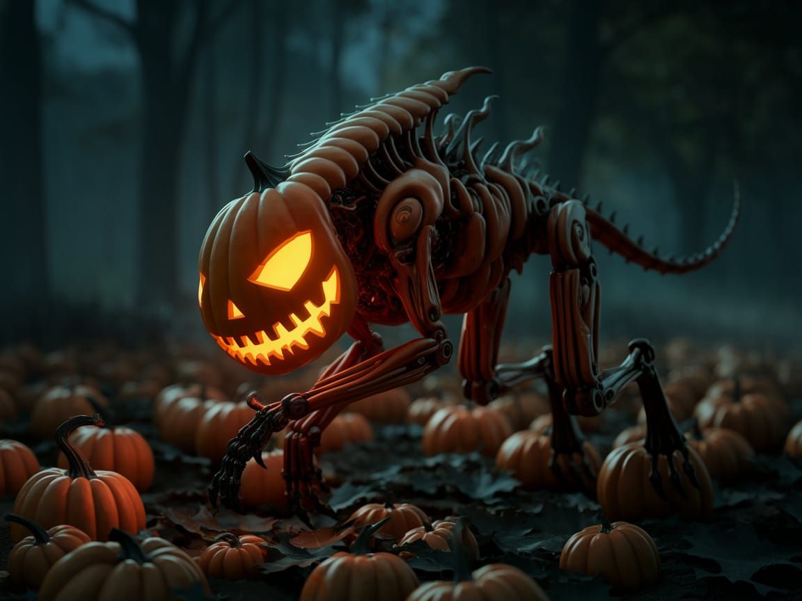 Xenomorph Dog Hybrid Fused With Jack-o'-Lantern