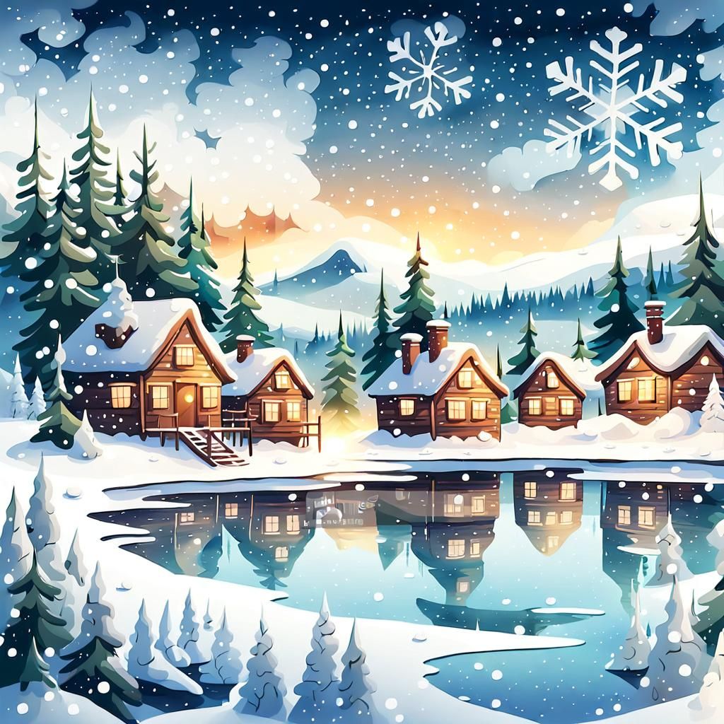 Snowy Village Illustration in Watercolor Style