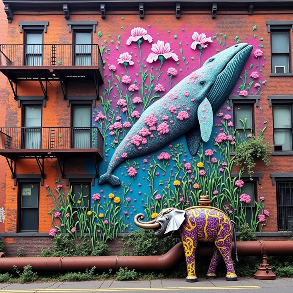 Surreal Graffiti Whale Soaring Over Cityscape